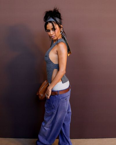 Tyla grey sleeveless top and navy oversized trousers