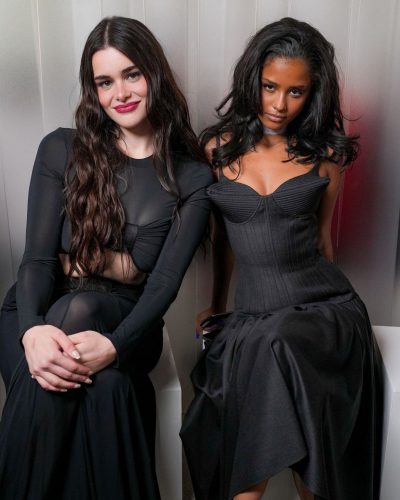 Tyla black dress with structured top and dramatic skirt