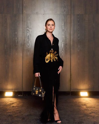 Valentina Ferragni black gown featuring intricate fringe details