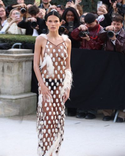 Valentina Zenere sheer gown with playful white accents.