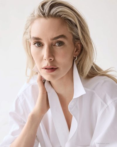 Vanessa Kirby in a contemporary white shirt and denim.