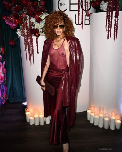 Winnie Harlow dressed in a tailored burgundy dress with sheer elements.