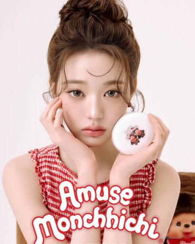 Wonyoung with round compact in red checkered dress