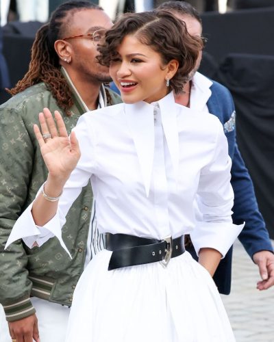 Zendaya Coleman in crisp white shirt with intricate collar design.