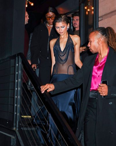 Zendaya in navy evening gown with captivating fringe details