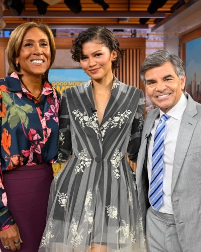 Zendaya gray floral dress paired with nude footwear