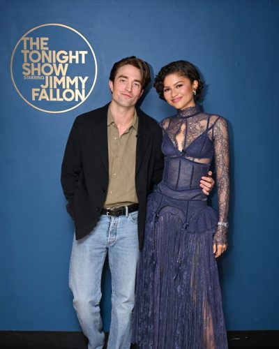 Zendaya dressed in a navy sheer dress with lace details