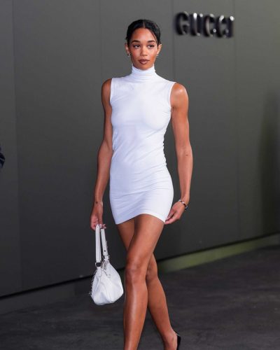 Laura Harrier Dazzles In White Dress At Gucci Cruise 2027 Fashion Show In Times Square